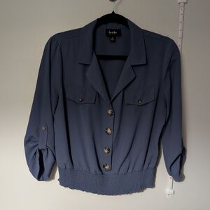 Blue Cropped Button-Up Blouse Women Medium